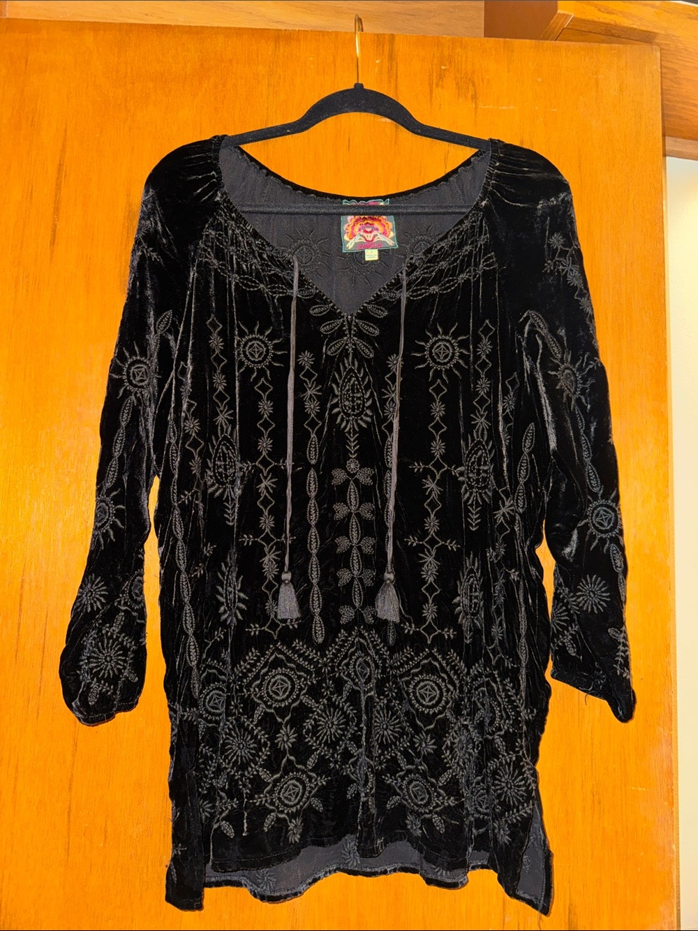 Johnny Was Black Velvet Embroidered Tassel Tunic